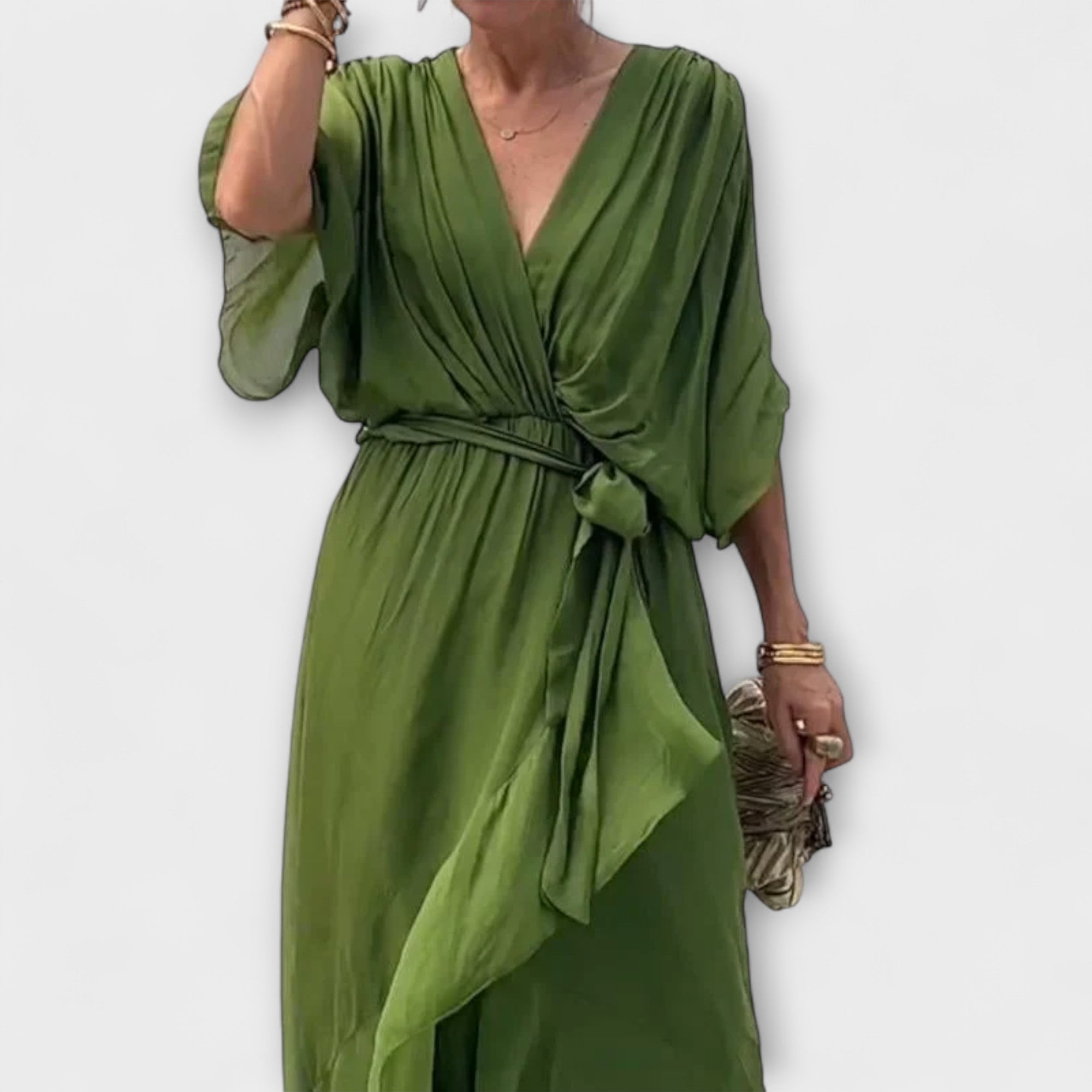 Amoura - Olivgrünes Chiffonkleid mit V-Ausschnitt