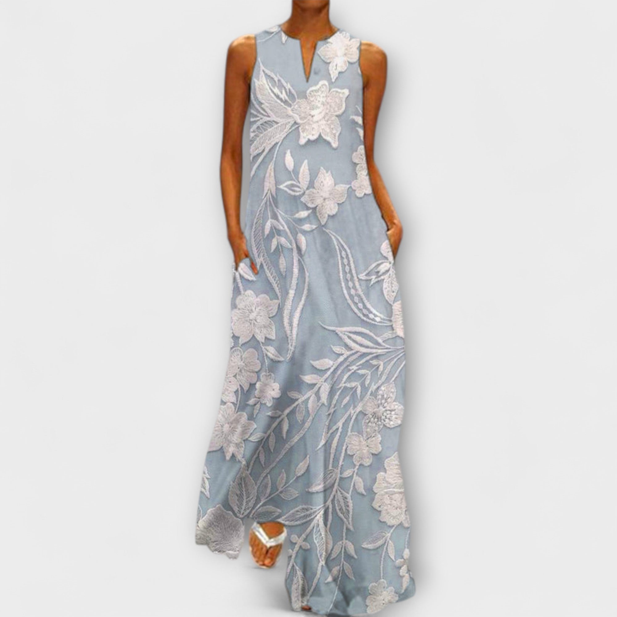 Camila - Weisses botanisches Maxikleid mit Print