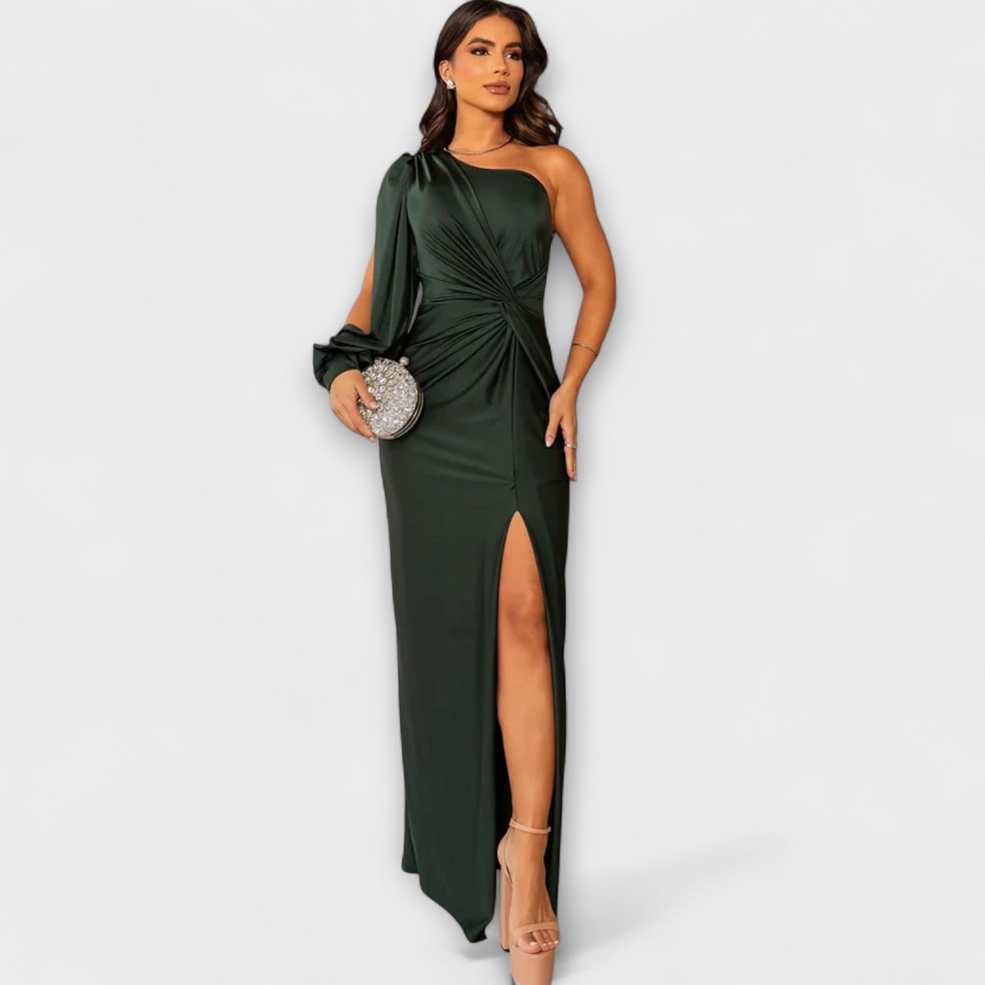 Elisa - Petrolfarbenes One-Shoulder-Kleid mit Raffung