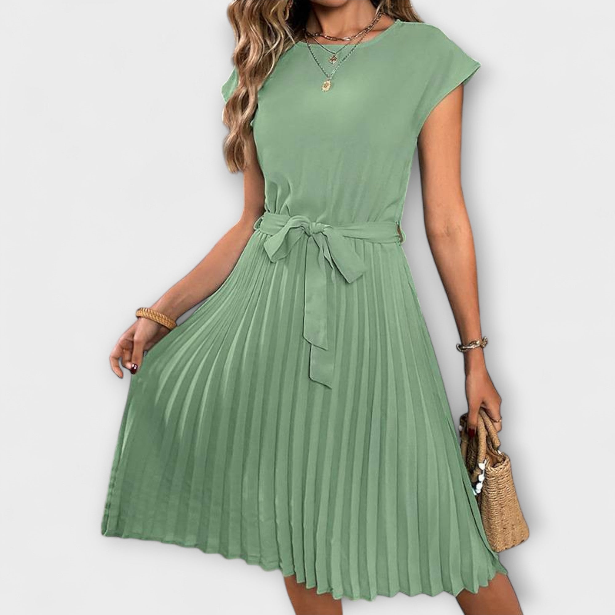 Elegantes dunkelgrünes Midikleid mit Bindegürtel