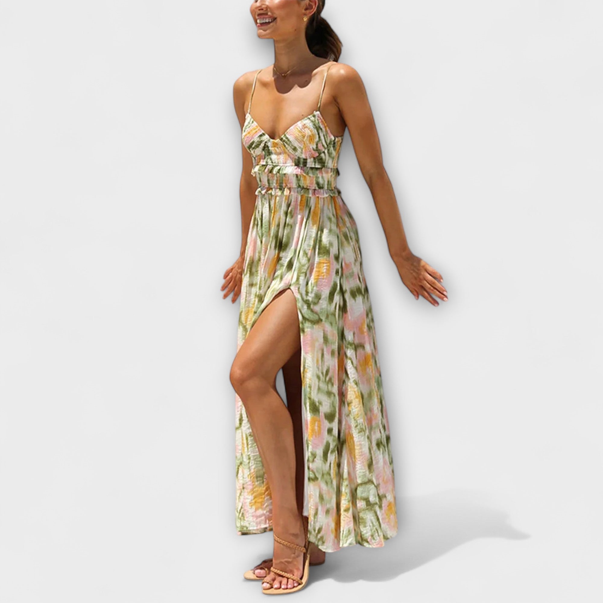 Annalise - Buntes bedrucktes Maxikleid mit Schlitz