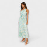 Sienna - Blaues Maxikleid mit Cut-Out und Aquarellmuster