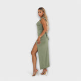 Ellie - Olivgrünes figurbetontes Midikleid mit Schlitz