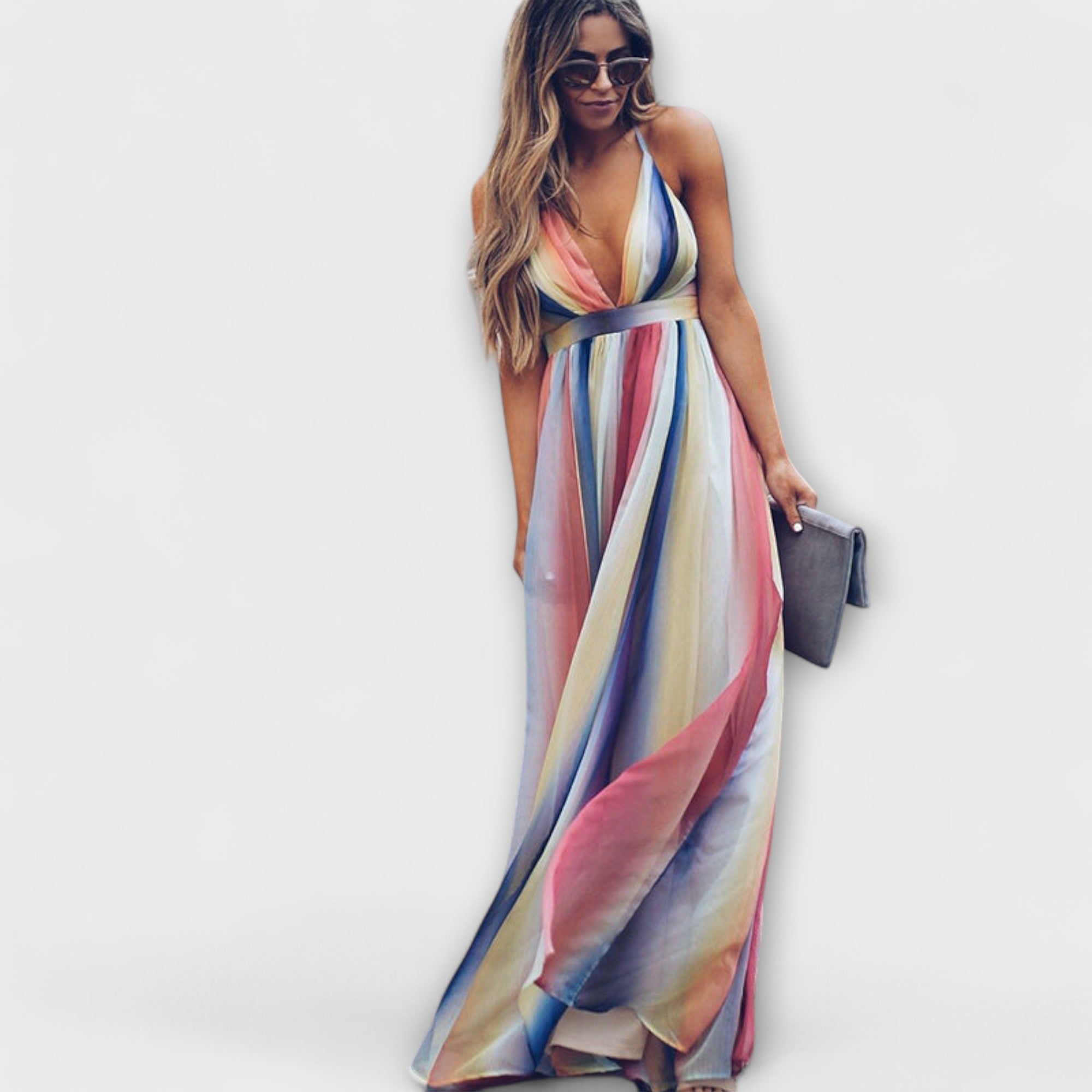Mehrfarbig gestreiftes Maxikleid mit V-Ausschnitt