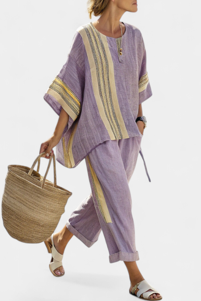 Lorena - Lila Boho-Set aus Leinen und Bambus