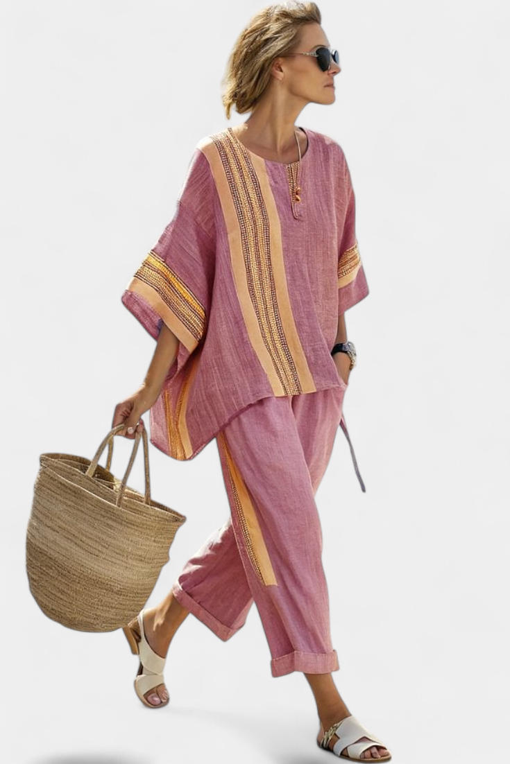 Lorena - Lila Boho-Set aus Leinen und Bambus