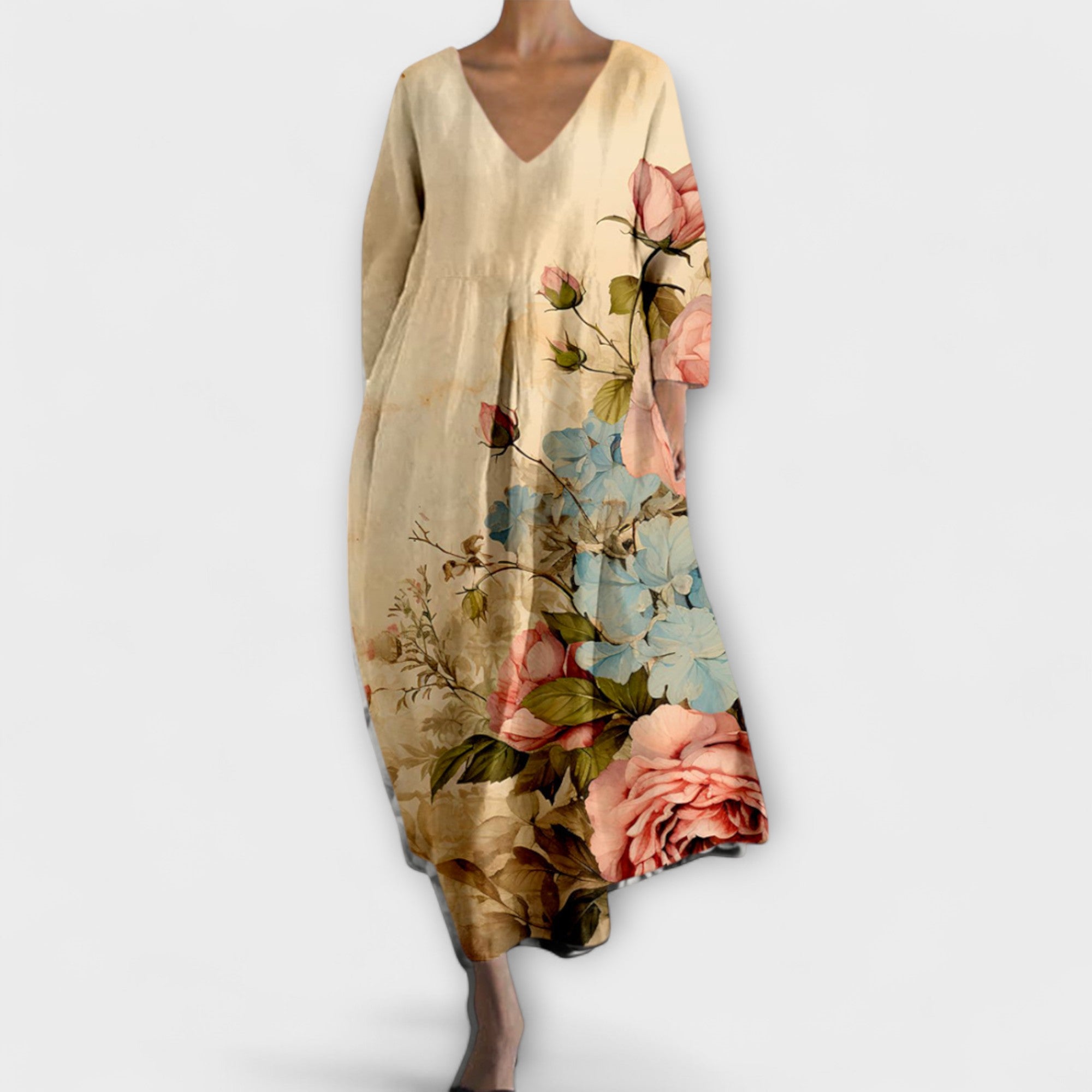 Fiona - Langes farbenfrohes Kleid mit V-Ausschnitt