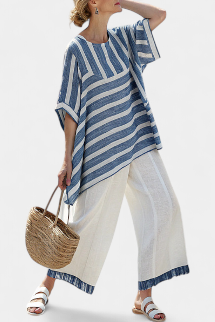 Constança - Blau-weisses mediterranes Leinen-Set mit Streifen