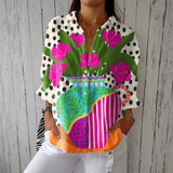 Odete - Weisse Bluse mit Tupfen und Blumenvasen-Motiv