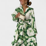 Gabriela - Grün-weisses elegantes Langkleid