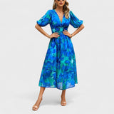 Clara - Blaues Blumen-Midikleid