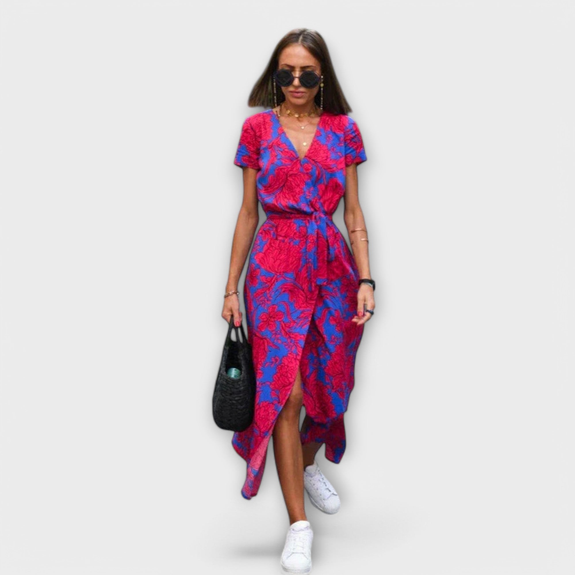 Eshel - Pink-grünes bequemes Kleid mit Blütenmuster