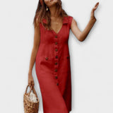 Nora - Rotes A-Linien-Kleid aus Leinen mit Knopfleiste