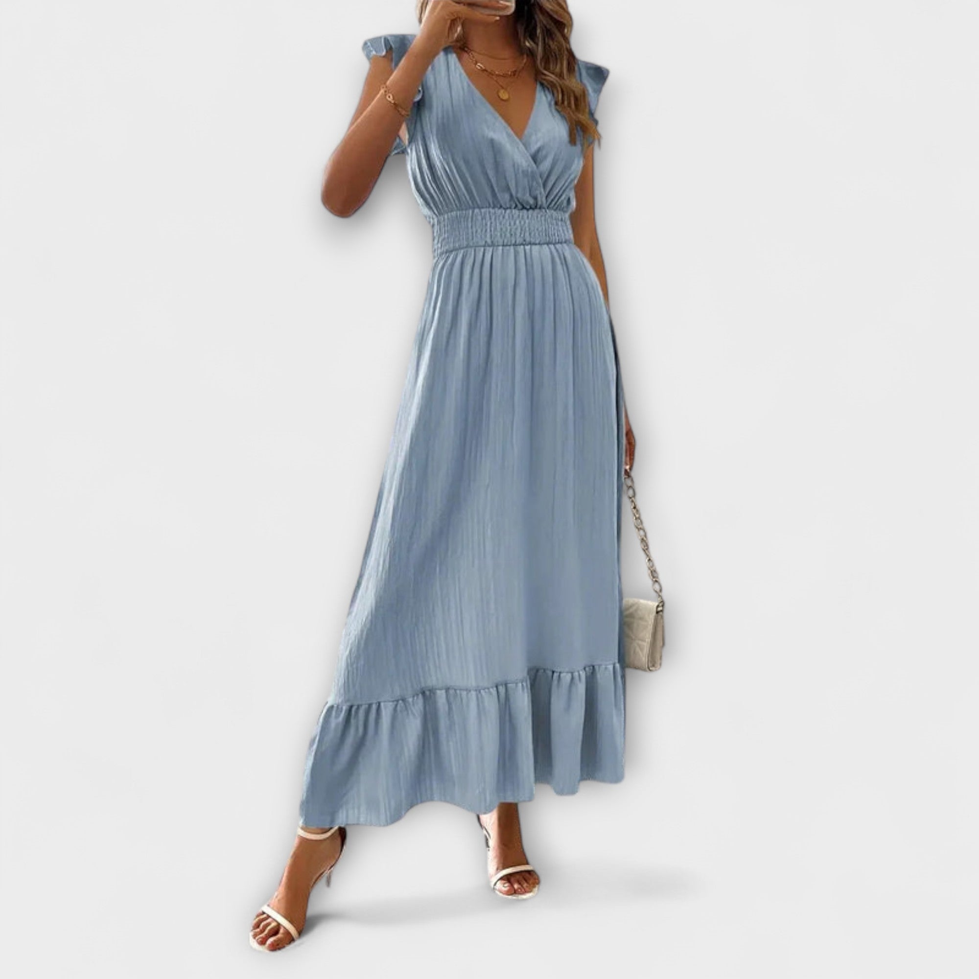 Poet - Grünes Maxikleid mit Rüschen und V-Ausschnitt