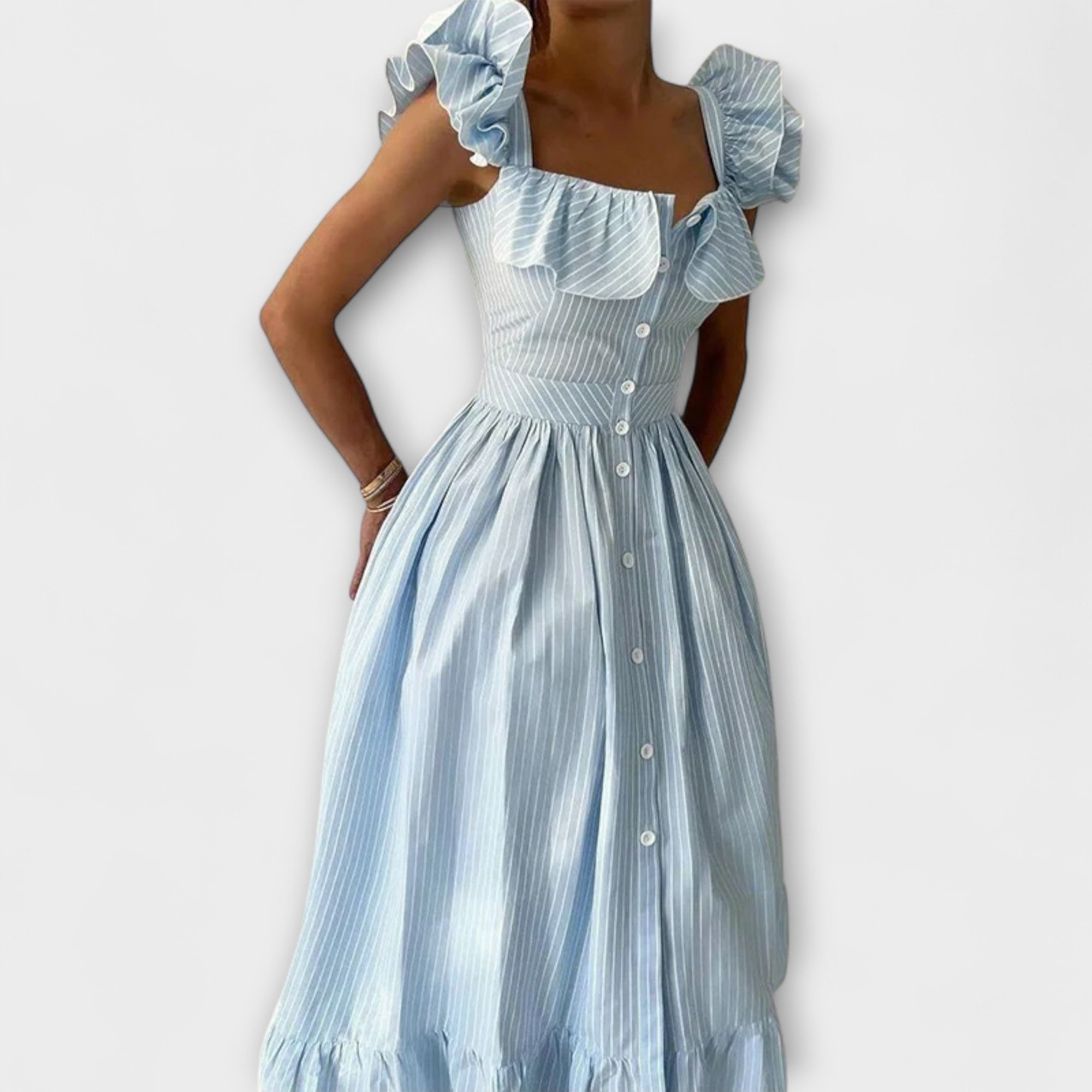 Lia - Cremefarbenes Rüschenshirt-Maxikleid