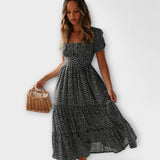 Vintage Maxikleid mit rotem Blütenmuster und Puffärmeln