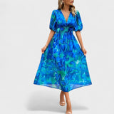 Clara - Blaues Blumen-Midikleid