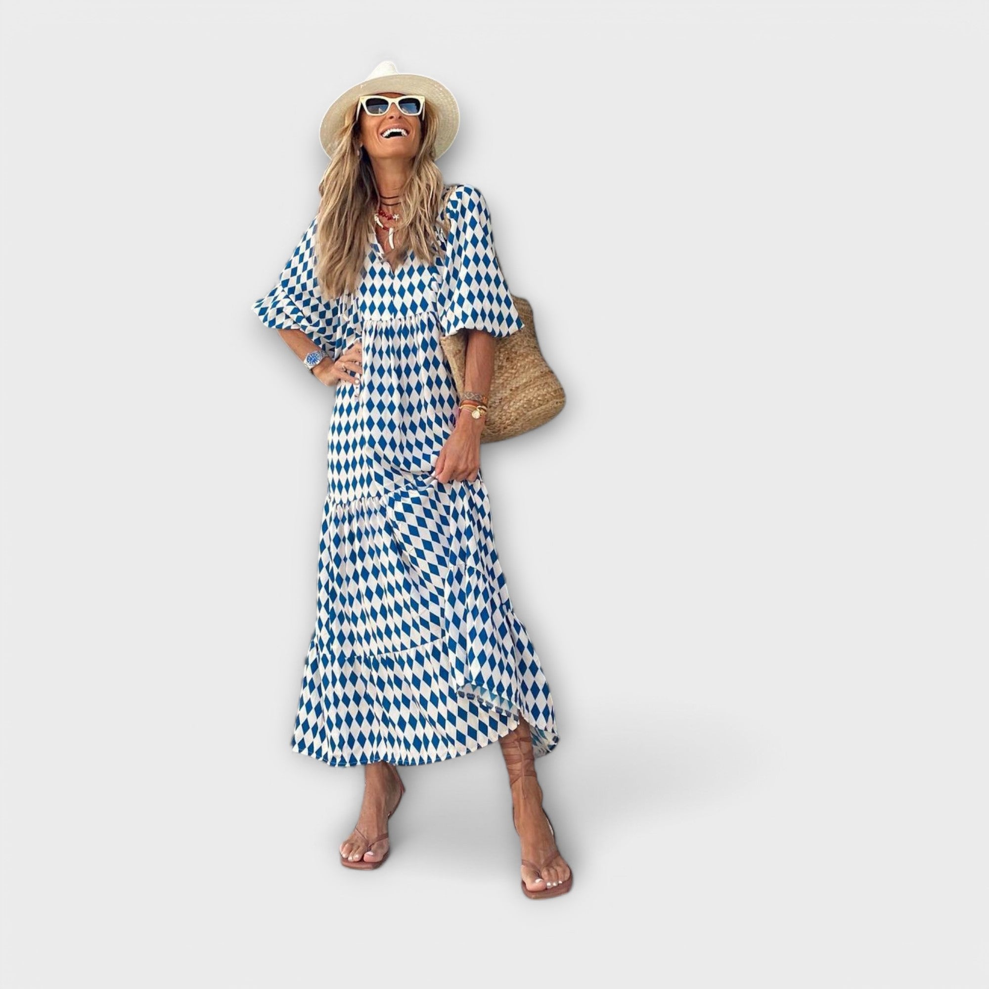 Elegantes grünes Maxikleid mit geometrischem Muster