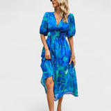 Clara - Blaues Blumen-Midikleid