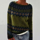 Salomé | Olivgrüner Retro-Pullover mit Zickzackmuster