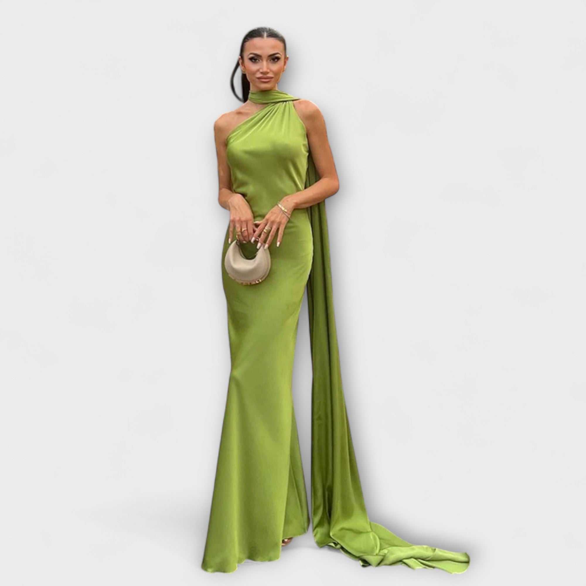 Schickes orangefarbenes Off-Shoulder-Halter-Maxikleid