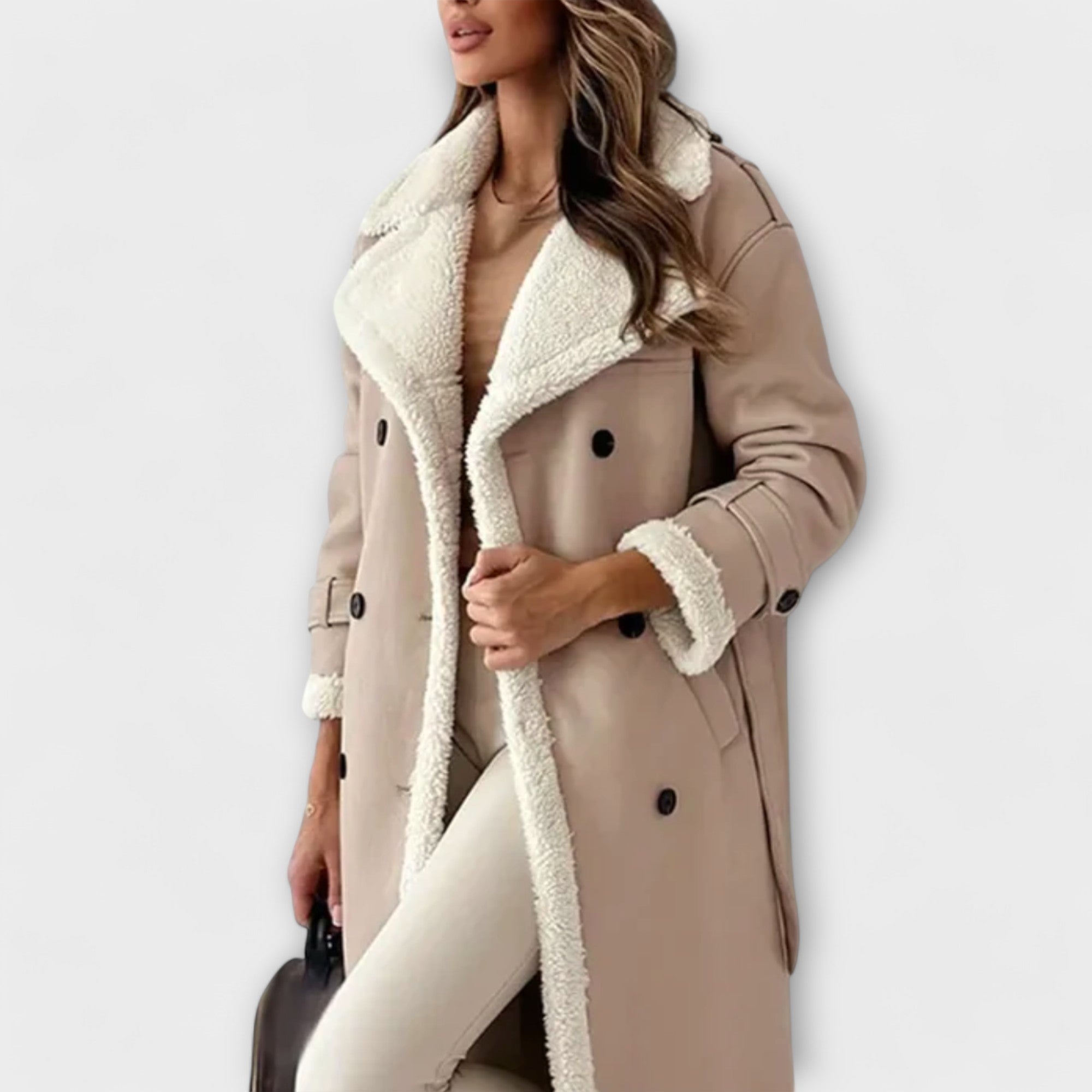 Maria - Schwarze lange klassische Jacke mit Fellfutter