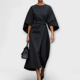 Sonia - Olivgrünes elegantes Satinkleid mit Ärmeln
