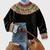 Elveria | Schwarzer Vintage-Pullover mit Norweger-Passe