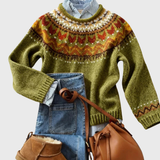 Ardena | Olivgrüner Vintage-Pullover mit Norweger-Muster