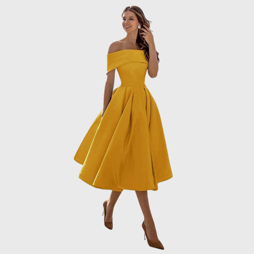 Romy - Beiges Off-Shoulder-Maxikleid mit Drapierung