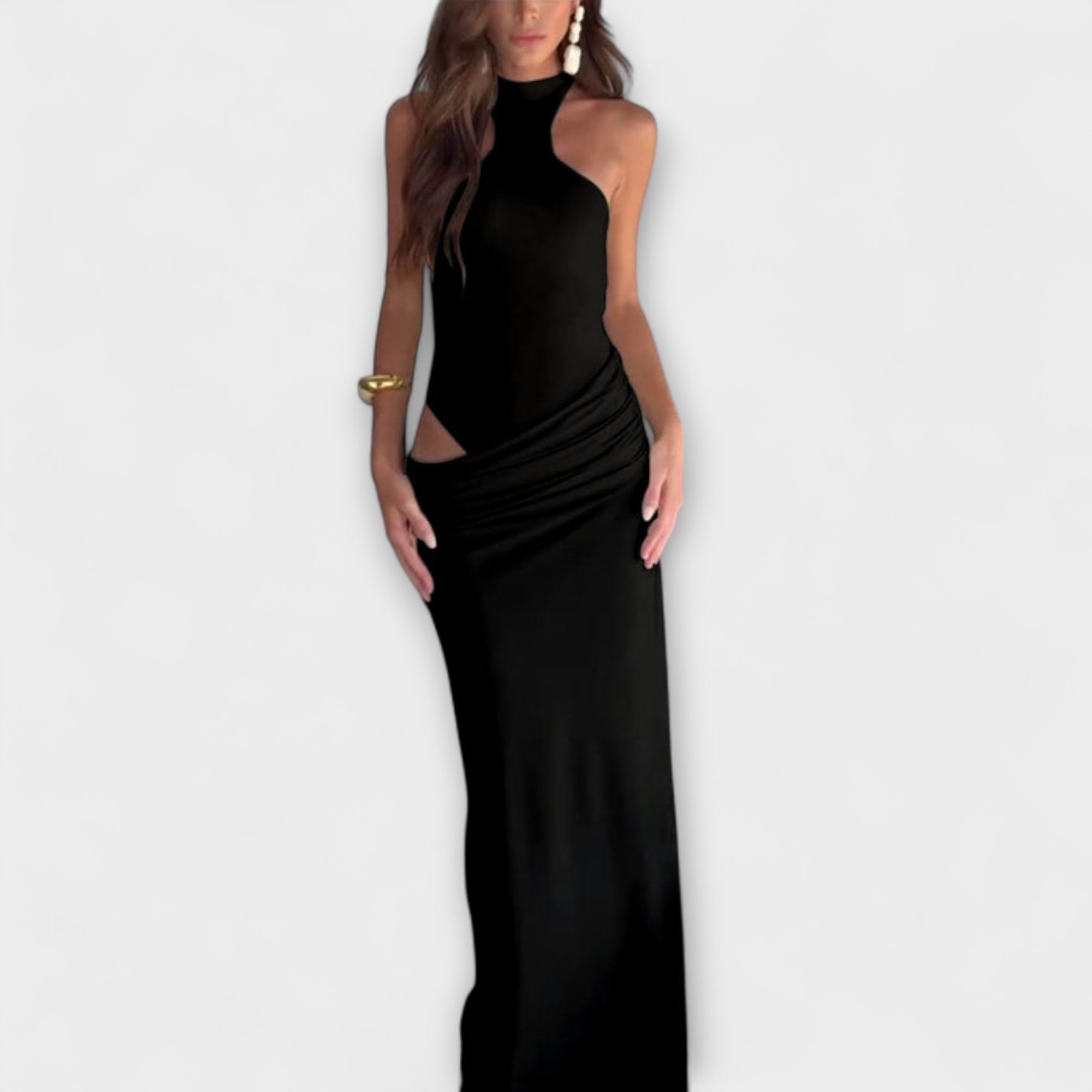 Minna - Cremefarbenes ärmelloses Cut-Out-Maxikleid