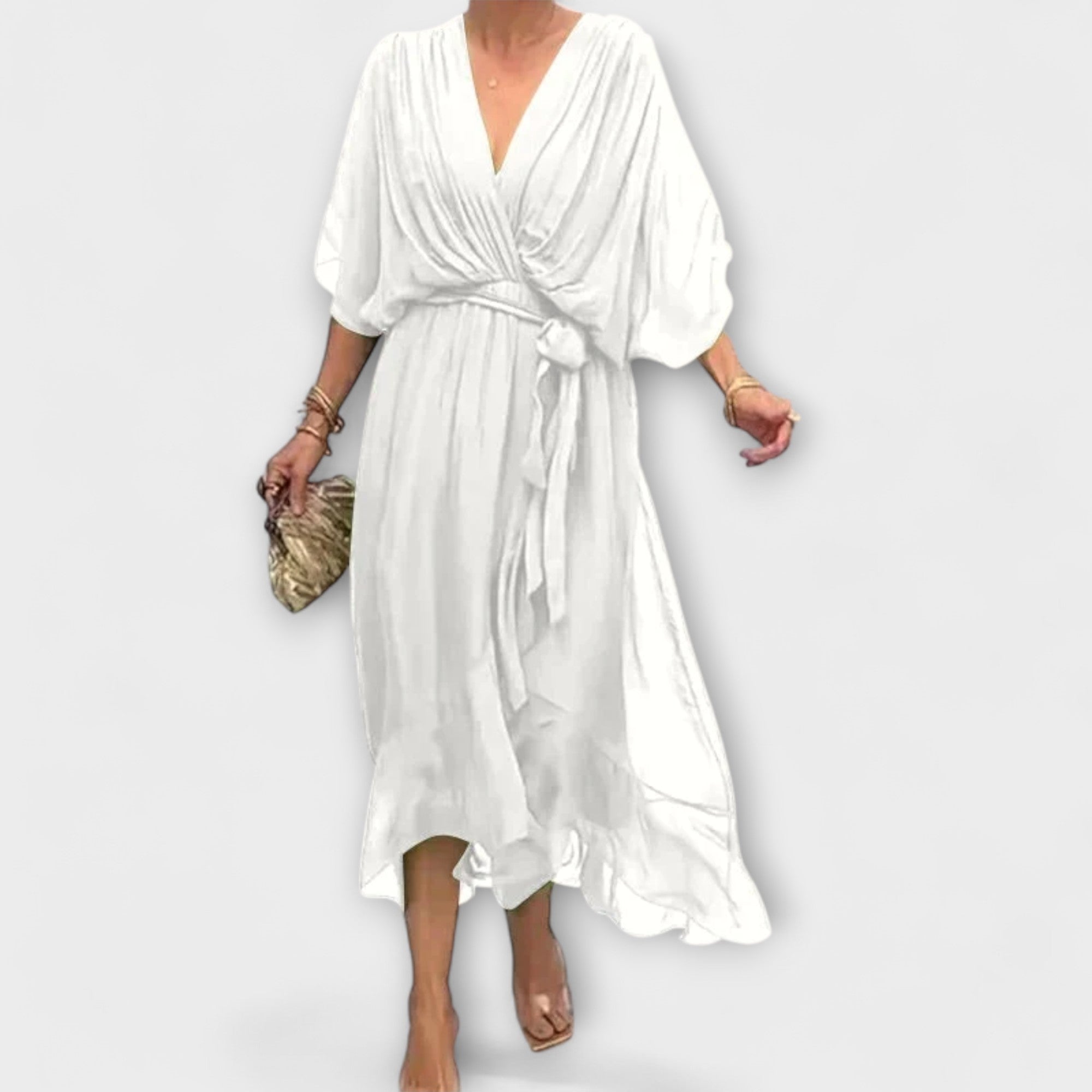 Amoura - Olivgrünes Chiffonkleid mit V-Ausschnitt
