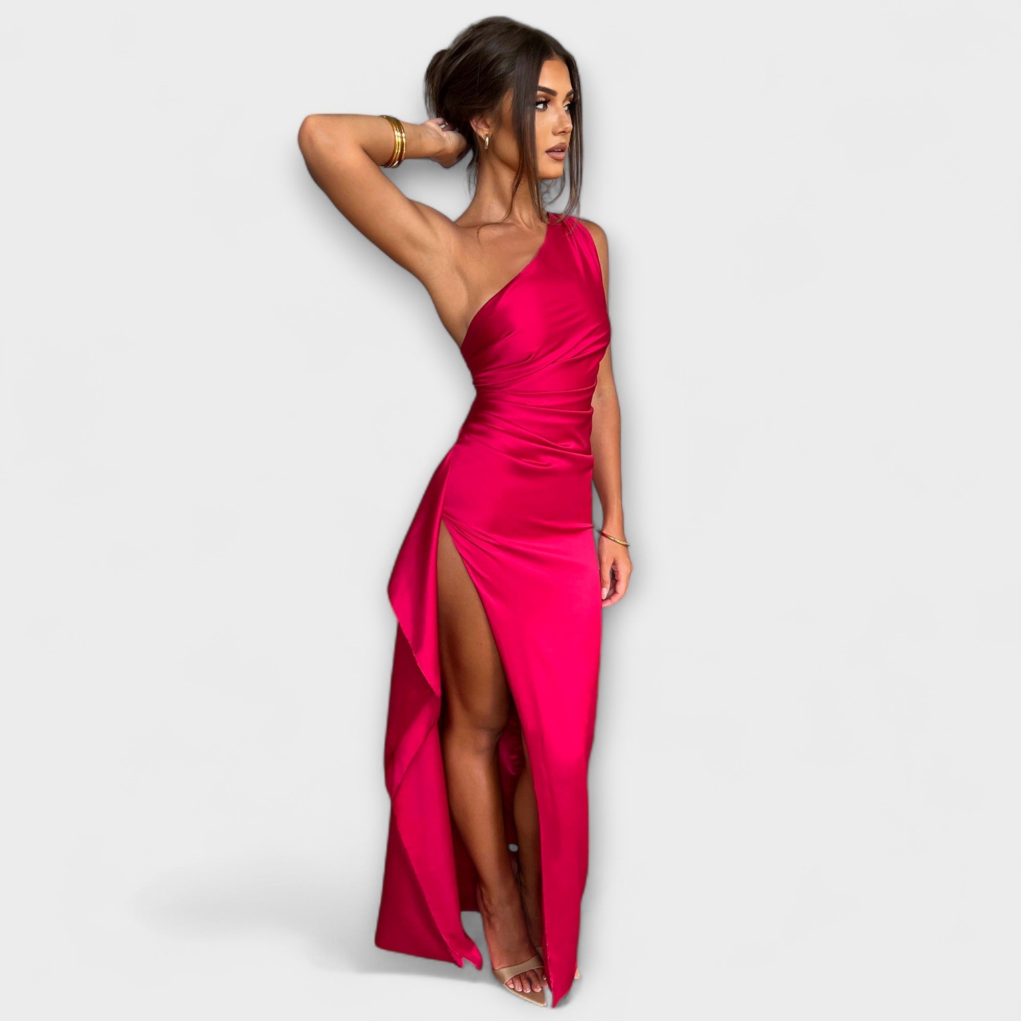 One-Shoulder-Maxikleid in Rosa mit Satin