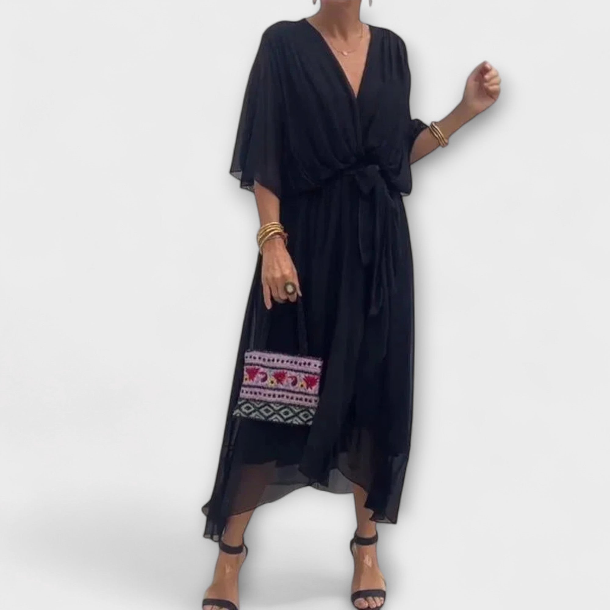Amoura - Olivgrünes Chiffonkleid mit V-Ausschnitt