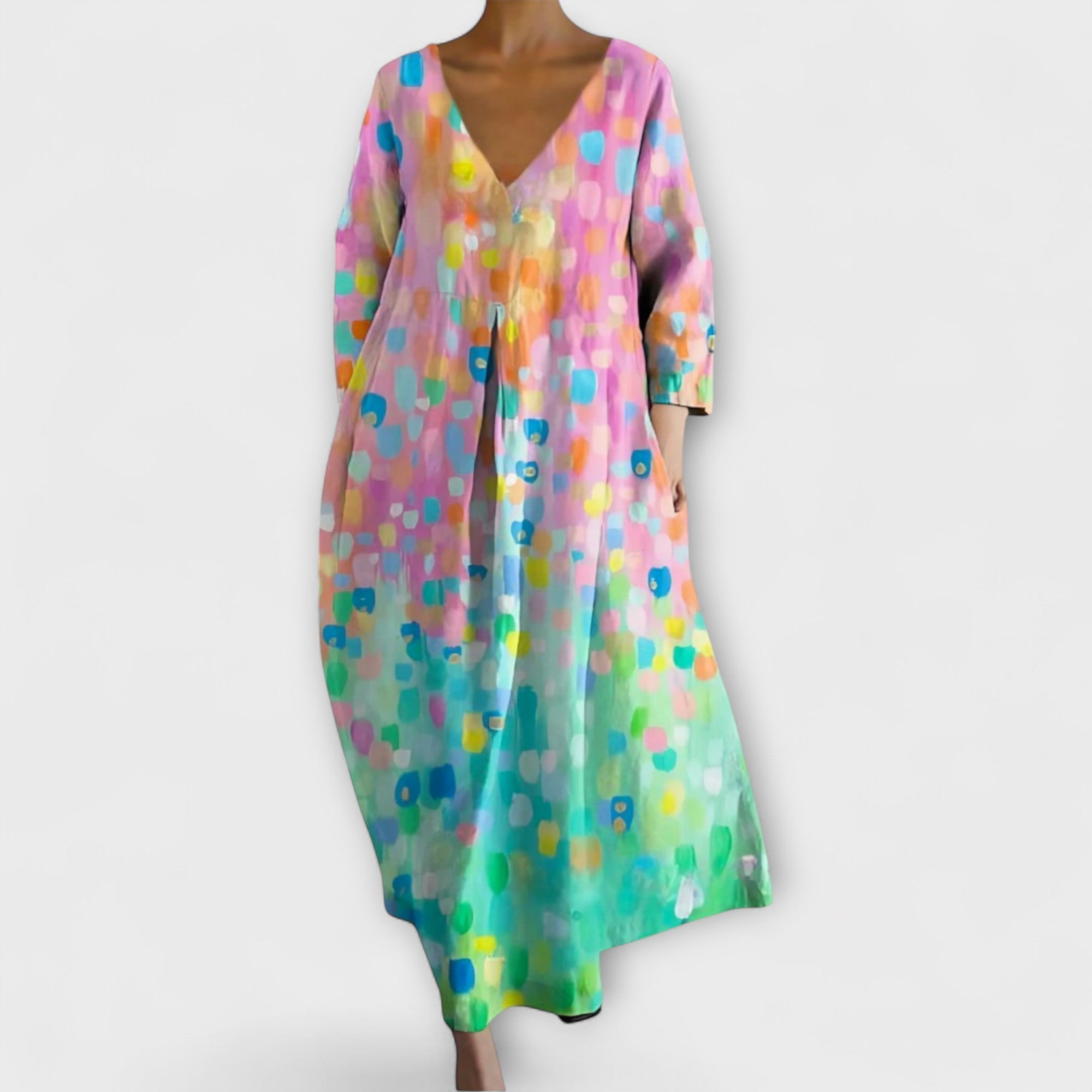 Fiona - Langes farbenfrohes Kleid mit V-Ausschnitt
