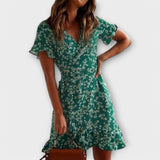 Nilsine - Kurzes grünes Boho-Kleid mit Blütenmuster