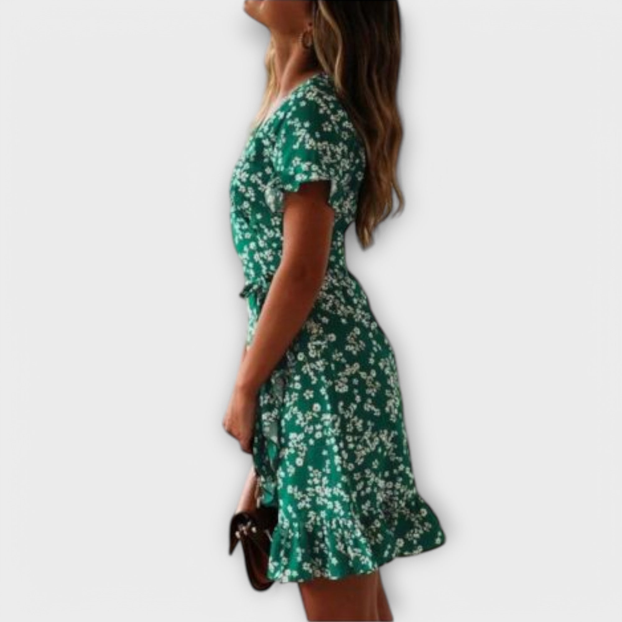 Nilsine - Kurzes grünes Boho-Kleid mit Blütenmuster