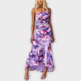Pia - Lila Maxikleid mit Blütenmuster und Raffung