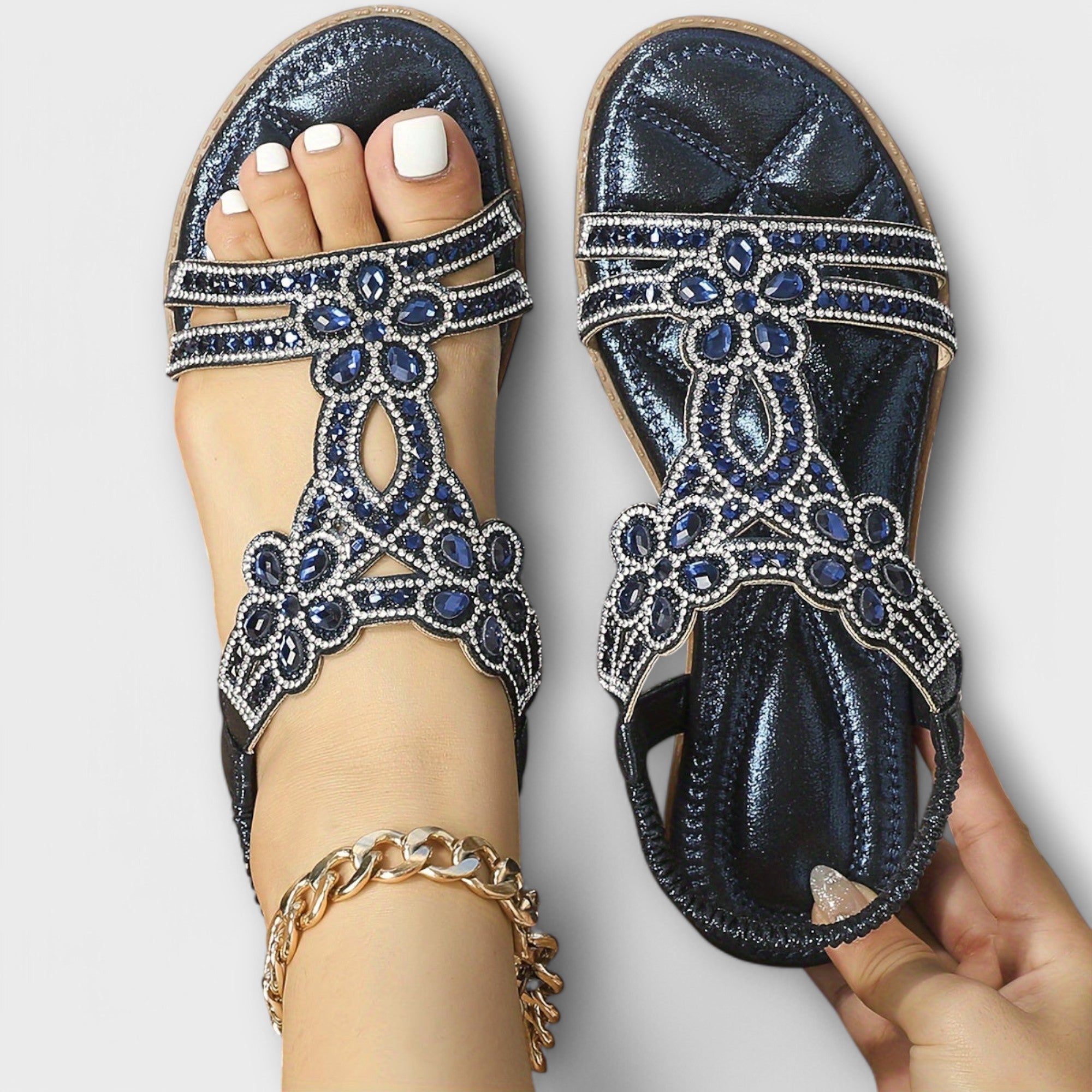 Reinhilde - Türkise Boho-Sandalen mit Strass
