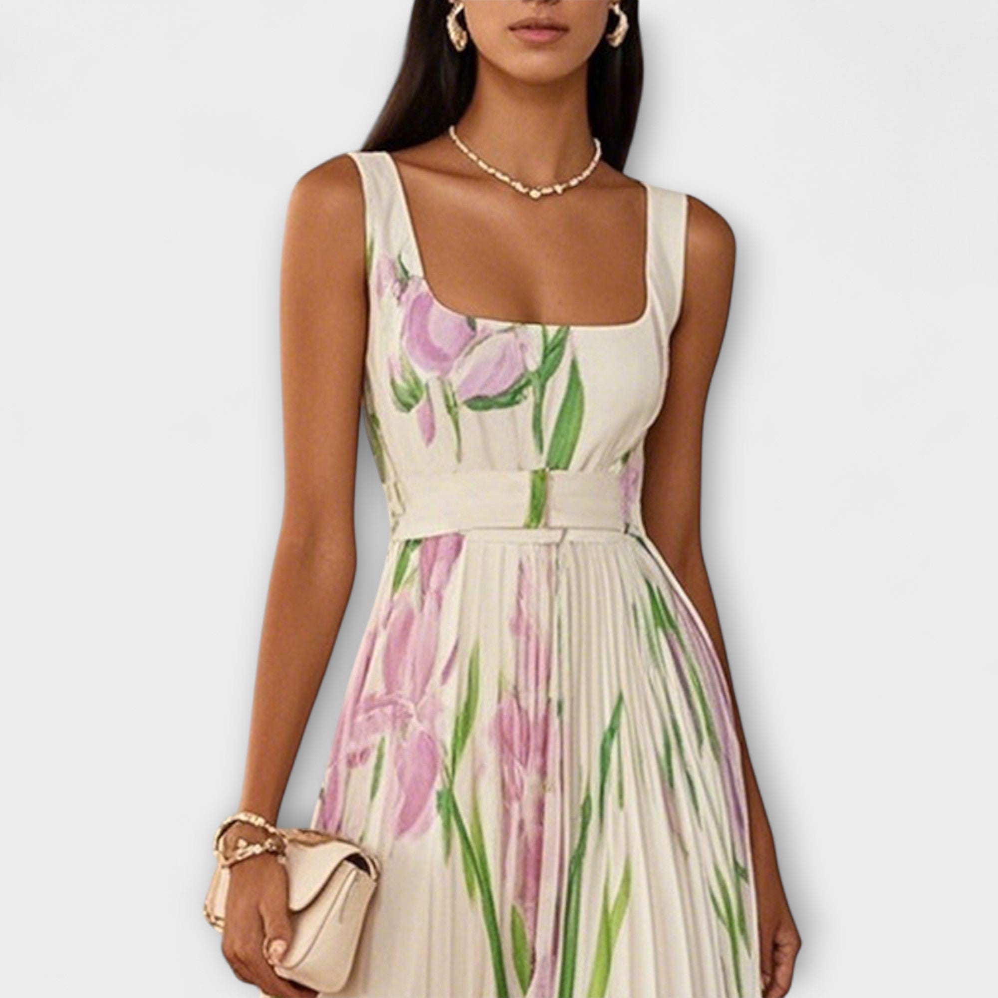 Gefaltetes florales Chiffon-Maxikleid in Creme