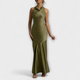 Lennon - Olivgrünes elegantes Satin-Maxikleid