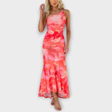 Pia - Lila Maxikleid mit Blütenmuster und Raffung