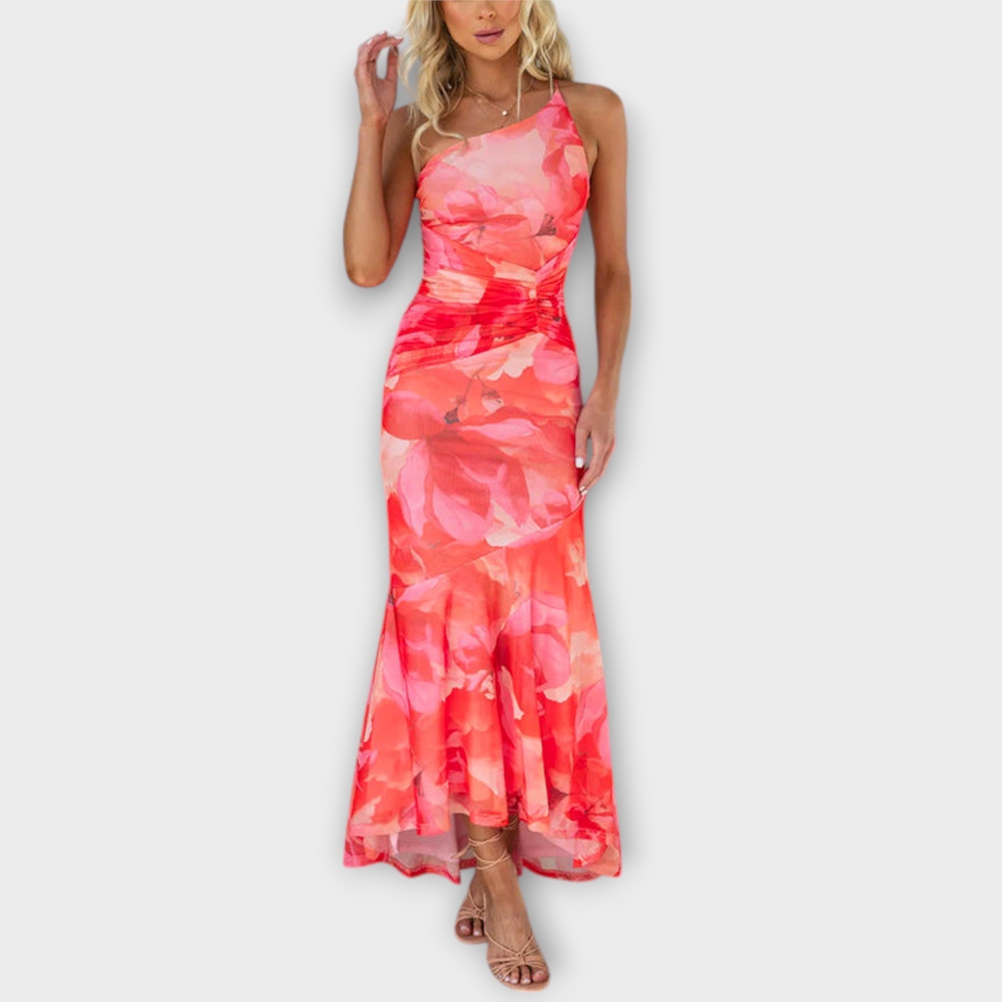 Pia - Lila Maxikleid mit Blütenmuster und Raffung