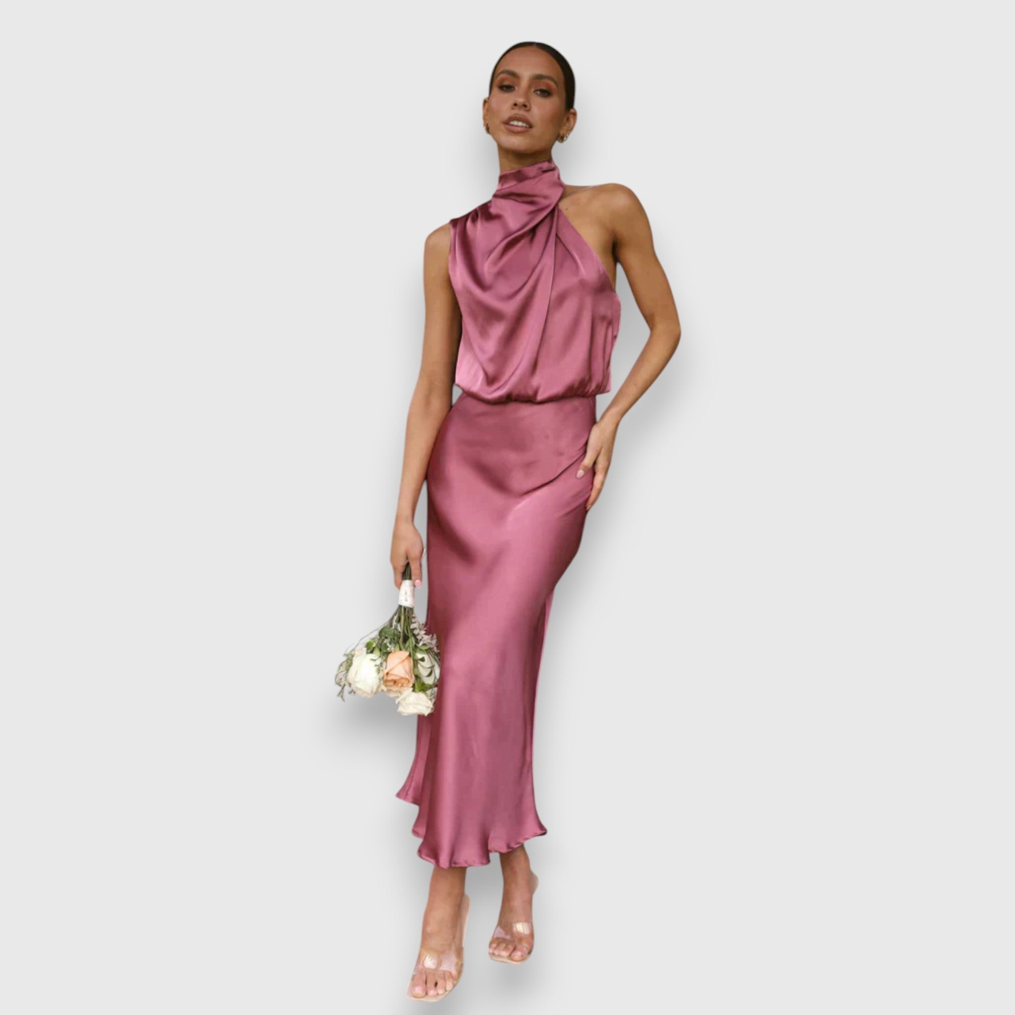 Zenaida - Cremefarbenes Satinkleid mit Neckholder