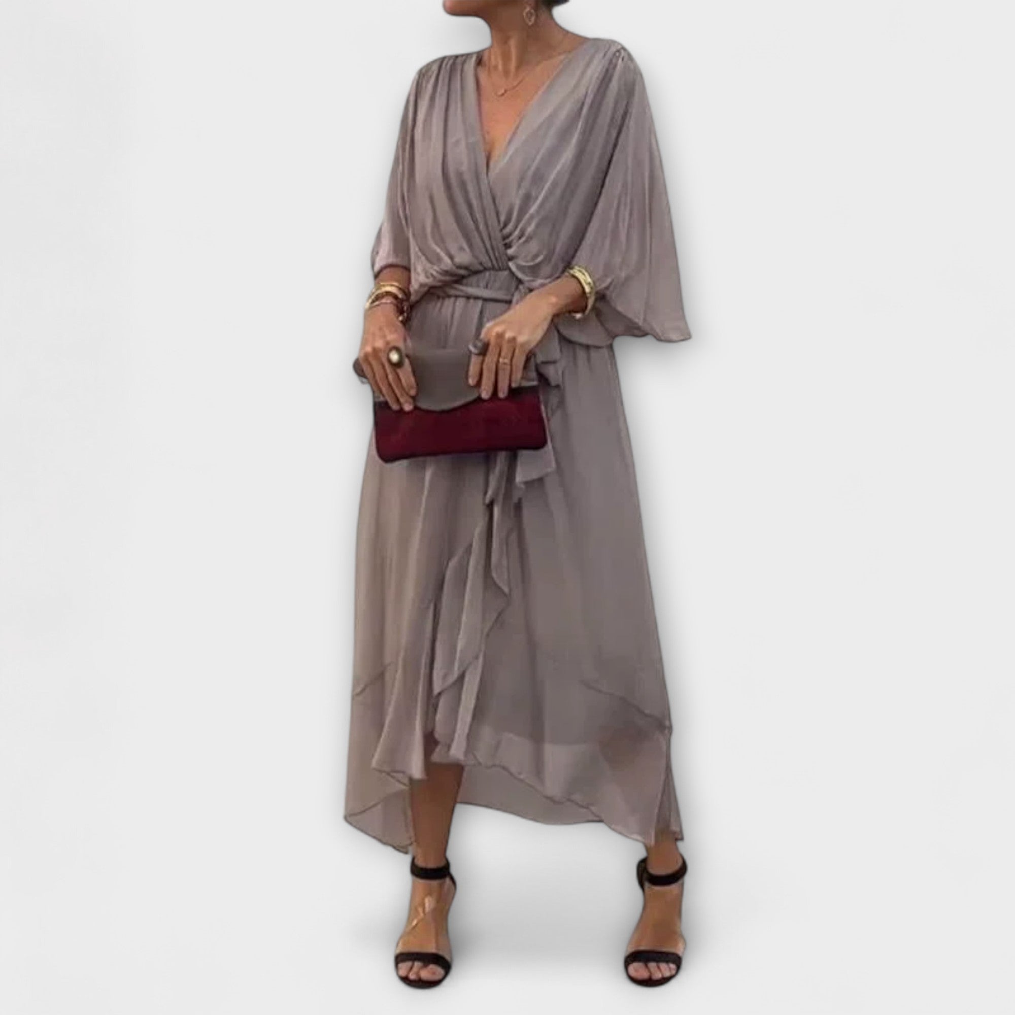Amoura - Olivgrünes Chiffonkleid mit V-Ausschnitt