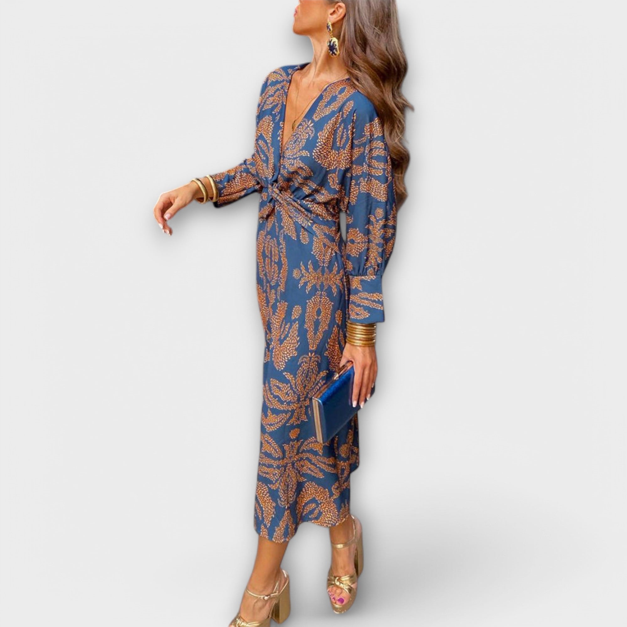 Oriana - Blaues Kleid mit goldenem Muster