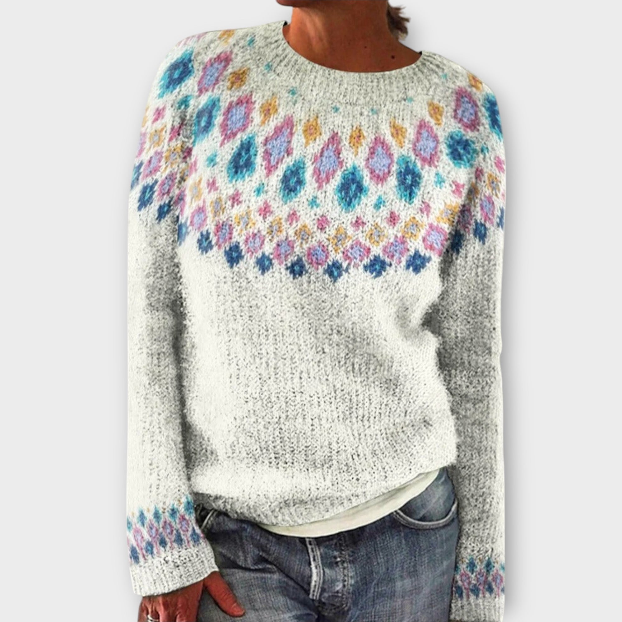 Devyn - Petrolfarbener kuscheliger Pullover mit Norweger-Muster