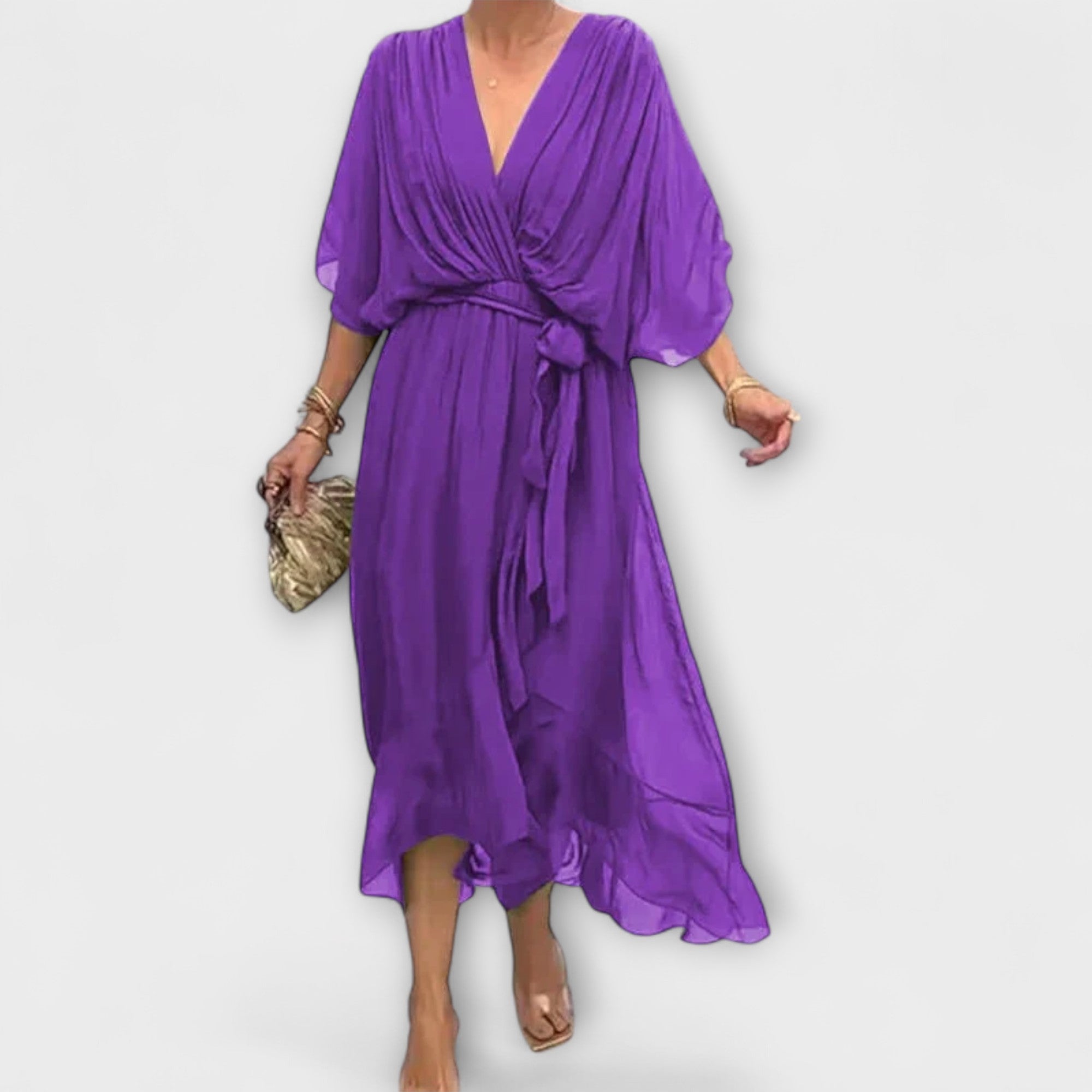 Amoura - Olivgrünes Chiffonkleid mit V-Ausschnitt