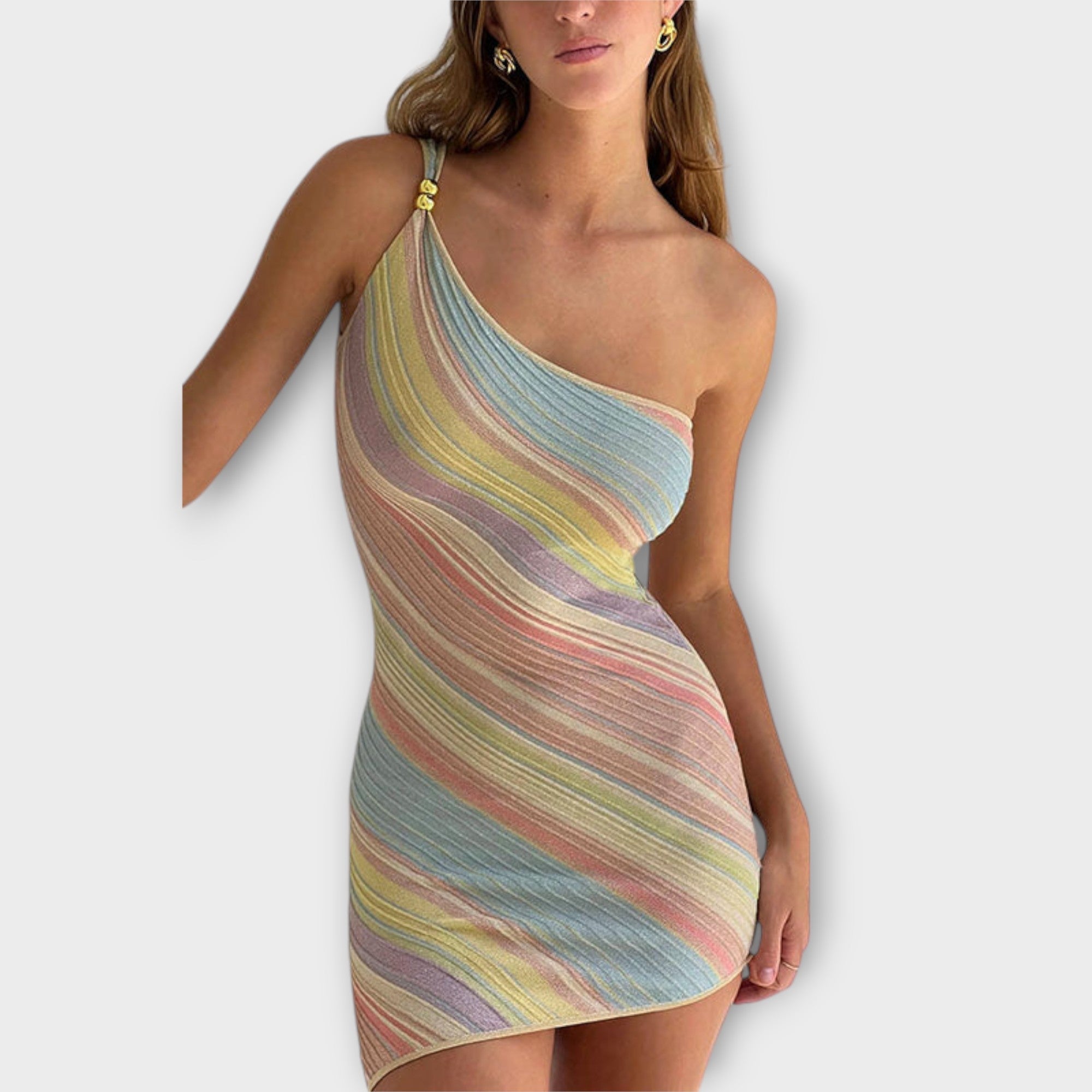 Kira - Blaues One-Shoulder-Strickkleid mit Streifen
