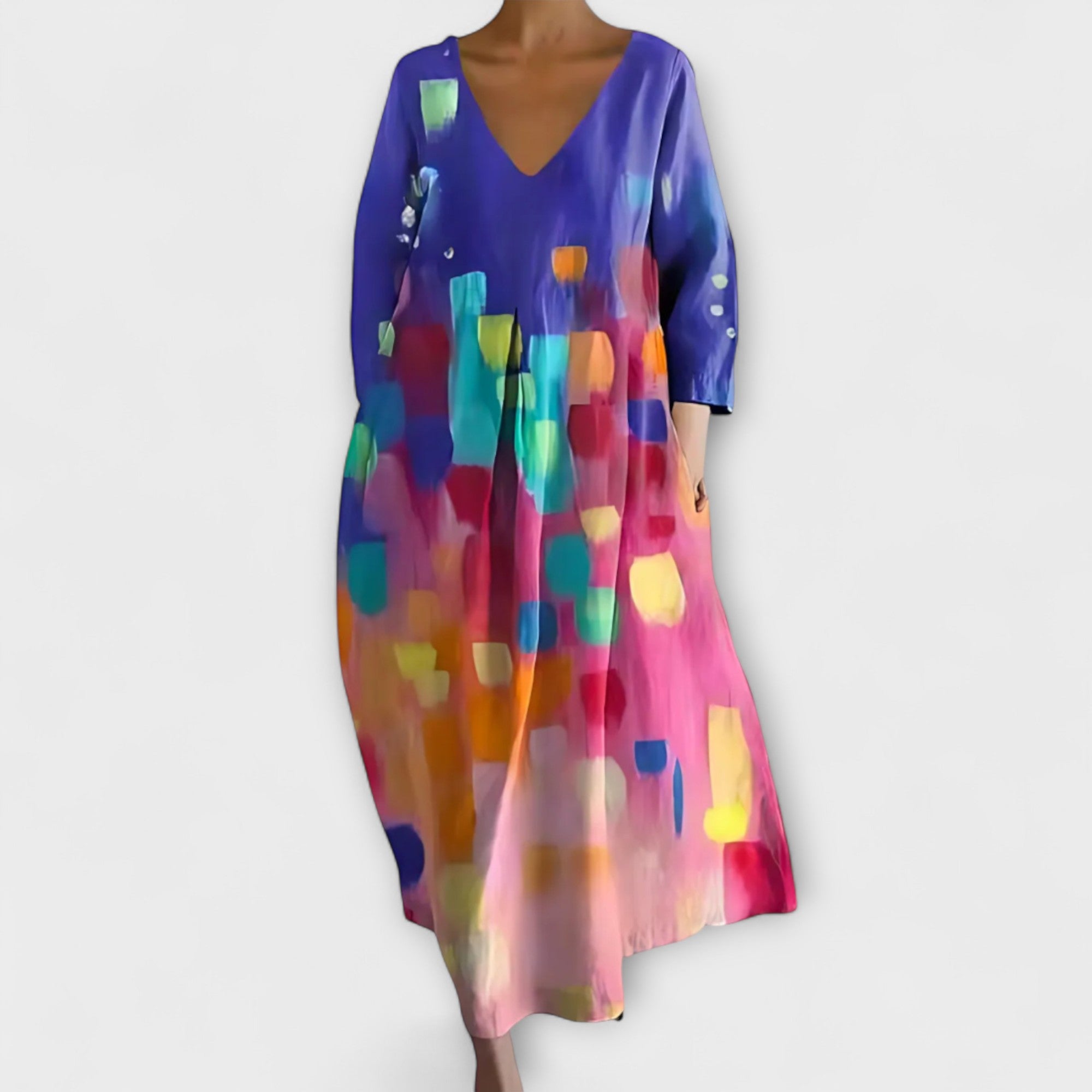 Fiona - Langes farbenfrohes Kleid mit V-Ausschnitt
